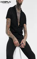 Incerun 남자 메쉬 셔츠 표범 프린트 투명한 짧은 슬리브 스트리트웨어 카미스 2020 옷깃 섹시 패션 파티 나이트 클럽 셔츠 2099358