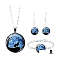 Серьги Ожерелье Волк Вол на Луне P O Cabochon Glass Jewelry Set Sier Fashion Bracelet Sets для женщин подарки Drop D Dhsb7