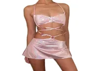 Women039s Tracksuits 2021 Sequined Pink TwoPiece Fairy Grange Short Top Mini Skirt Summer Costume Sexy Club Carnival Set2905633