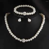 Brincos de colar Set Women Fashion Fashion Artificial Pearl Rhinestone Push Back Wedding Party Jewelry White