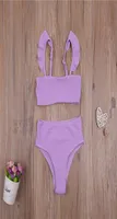 Girls Solid Color Split Swimsuit Set Sleeveless Backless Low Cut Bikini With Ruffles Panties For Summer Clothing Sets4135218