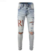 Mens Designer Jeans Distressed Ripped New Amri Casual Hip Hop High Street Worn Out and Washed Splash Ink Color Painting Slim Fit Men FYJI 2R7F