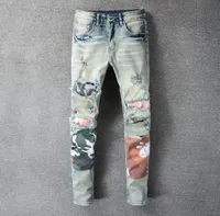 Men039s Jeans American Street Style Fashion Men Retro Light Blue Slim Fit Ripped Patches Designer Hip Hop Denim Punk Pants6628307