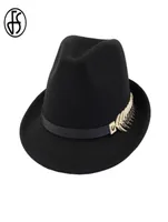 FS New Wool Felt Women Men Fedora Hat For Spring Autumn Elegant Lady Trilby Jazz Hats Panama Cap Black Curl Brim4357297