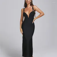 캐주얼 드레스 2022 가을 여성 패션 슬링 딥 v 넥 중공 핀 블랙 바디콘 붕대 긴 드레스 우아한 디자인 클럽 파티