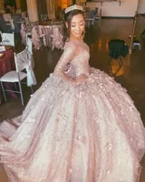 Fantastiska rosguld l￥nga ￤rmar 3d blomma quinceanera prom kl￤nningar bollkl￤nning p￤rlstav illusion kv￤ll formella kl￤nningar s￶ta 16 vestidos de kl￤nning rufs