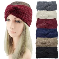 Winter Wool Knitted Hair Band Sequin Cross Headband Warm Ear Protection Headwrap Turban Women Handmade Hair Accessories