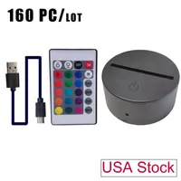 3D Illusion Nights Lights Birdal Gift Lamp Base avec 7 couleurs Luted Changer le bouton tactile Smart Remote Control Fans Crestech Stock USA
