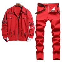 Spring Tracksuits Men moda jeans de jeans e jeans casual duas peças conjuntos de casaco rasgado imprimido combinando calças esticadas de streetwear vermelho