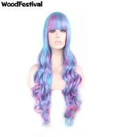 Woodfestival Long Curly Wig Ombre Synthetische Faser Haar Perücken Blau Pink Mix Farbe Lolita Perücken Cosplay Frauen Pony 80CM8256433