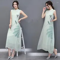 Casual Dresses Summer 2022 Ink Plainting Folk Dress Loose Women Elegant Pinafore Mandarin Collar Ladies Vietnam TA1314
