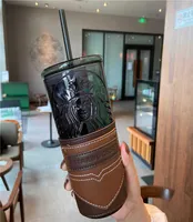 Starbucks cup cool black goddess leather cover glass straw cup classic dark green Mermaid water cup large capacity gift2817940