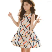 Girl Dresses Kids Summer Geometric Pattern Sleeveless Dress For Girls Fancy Teens Round Collar Cotton Clothes 4 To 13 Years