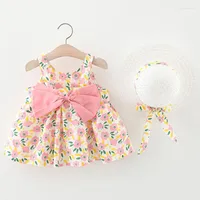 Girl -jurken 2 -koppig 2022 Zomeroutfits Babykleding Fashion bloemen Leuke boog mouwloze katoenen strandjurk hoed peuter BC178