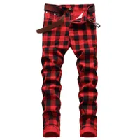 Erkek kot pantolon kırmızı ekose baskılı pantolon moda ince streç kot pantolon artı beden düz pantolon