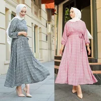 Etnische kleding vleermuis mouwpatroon jurk elegant losse solide twee kleuren ronde nek lange vrouwen mode hijab moslim stijlvol
