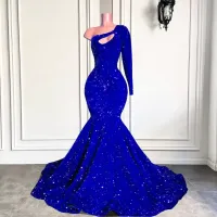 Long Sparkly Prom Dress One Shoulder Royal Blue Squin Mermaid Style Black Girls From Party Gowns Real Picture 2023 BC14683