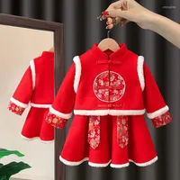 민족 의류 2022 Winter Big Red Girl 정장 드레스 긴 자수 슬리브 재킷 중국어 스타일의 어린이 년 탱크 두께