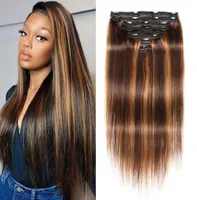 Highlight Honey Blonde Clip In Extensions Panio Color 427 Straight Human Hair Brazilian Virgin Clip On Ombre Weaves 8pcs 120gset4603467