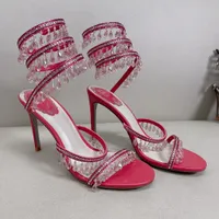Pendant gorgeous sandals Rene Caovilla luxury designer crystal light wrapped foot ring stiletto wedding shoes rhinestone 9CM High Heeled Gladiator Sandal 35-43