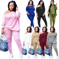 Plus size 3XL 4XL Outfits Women Tracksuits Two Piece Set Fall Winter Long Sleeve Skew Collar Pullover Top and Pants Casual Sweatsuits Solid Sport suits 9070