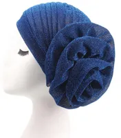 Party Prom Hat Women Headscarf Turban cap Indian Muslim Pea Hat Bright Silk Big Flower Elastic Headband Chemotherapy Cap gifts7784210