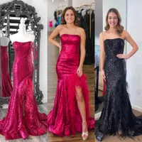 Feather Sequin Long Prom Dress 2k23 Strapless High Slit Fitted Winter Court Warming Formal Evening Wedding Party Gown Pageant Gala Runway Red Carpet Black Wine