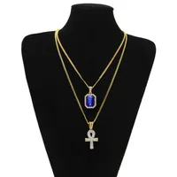 Egyptische Ankh Key of Life Bling Rhinestone Cross Pendant met rode Ruby Pendant Necklace Set Men Hip Hop Jewelry 262W