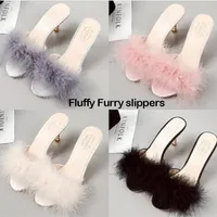 Votoda Women's Fluffy Hoiley Middle Heels Slippers Femina Fashion Outdoor Faux Fur Slides Party Night Club