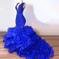 Luxury Royal Blue Lace Mermaid Vestidos de noche Hopfy Bottom Ruffles Long Prom Vestidos Sexy Party Vestido Formatura BC14850