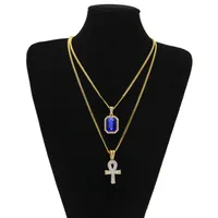 Egyptische Ankh Key of Life Bling Rhinestone Cross Pendant met rode Ruby Pendant Necklace Set Men Hip Hop Jewelry 3097