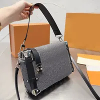 Shoulder Bag Side Trunk Handbag Denim Soft Box Bags Canvas Crossbody Purse Fashion Letter Leather Trim Zip Closure Metal Corners Removable Handle Strap