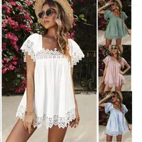Women's T Shirts 2022 Summer Top Women Solid Color Shirt Casual Lace Loose U-neck Short-sleeved