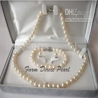Pearl Jewelry Oryginalna okrągła 8-9 mm White Pearl Naszyjnik 3PC Set 19 925 Srebrne zapięcie321p