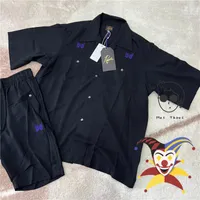 Мужские футболки для игл карманов рубашка мужчины, женщины, вышитые фиолетовая бабочка, негабаритная пуговица блузки