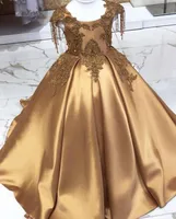Luxury Hand Made Gold Embroidery Applicants Pärlor Flower Girl Dresses spetsar Back Beading Satin Kids Pageant Gowns