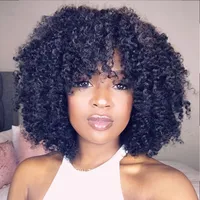 Afro Kinky Curly Bob Wigs Short Full Machine Made Wig With Bangs Glueless Brazilian Remy Human Hair For Black Women 150%density 14inch