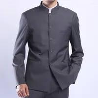 남자 양복 tpsaade 남자 회색 튜닉 정장 재킷 만다린 칼라 싱글 가슴 중국 전통 스타일 스탠드 코트