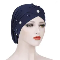 Ball Caps Women Solid Beading Hat Muslim Ruffle Turban Wrap Cap