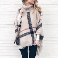 Women&#039;s Sweaters Turtleneck Sweater Winter Coat Women Plaid Tassels Shawl Knitting Jmuper Pull Hiver Femme Pullover Ponchos And Capes Rz