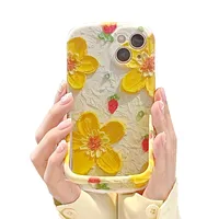 Paint ￠ huile Cas de t￩l￩phone portable Fleur jaune porte-t￩l￩phone mobile Silicone Soft Protective Case For Girls Apple iPhone 14 Pro Max 13 12 11 XR XS Premium Design Back Cover Back