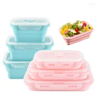 Dinnerware Sets Silicone Lunch Storage Box Folding Bowl Nontoxic Solid Portable School Tray Joint Container 3pcs/set