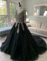 Black Gold princess Gothic a-line Wedding Dresses With Long Sleeves V Neck Vintage Sweetheart Open Back Colorful Beaded Bridal Gowns