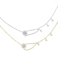 Chains Necklace Collar 925 Sterling Silver Gold Color CZ Lovely Flower Water Drop Charm Elegance Adorable Women Jewelry