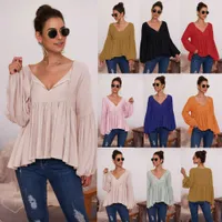 Frauen elegante Laternenhülle sexy V-Ausschnitt T-Shirt Top Spring Herbst Neue Farbe Closer Lose Sweet Sweep Decor Pullovers