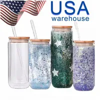 US Warehouse 16oz Sublimation Bottle Glass Cup Blaegen met bamboe deksel Frosted bier kan glas dubbele wand sneeuwbol Tumbler mason jar mok plastic stro b1103