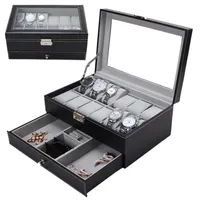 12 Grids Slots Double Layers PU Leather Watch Storage Box Professional Watch Case Rings Bracelet Organizer Box Holder279Z