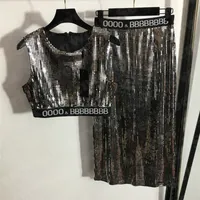 Glänzende Paillettenweste T -Shirts Röcke Sets für Frauen Designer Lette Gurtband High Taille Kleid Fashion Sexy Ladies Tanks Party Nachtclub