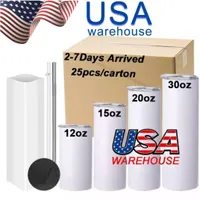 12/15/20/30 oz Sublimation Tumblers with Straws Lid Stainless Steel Double Wall Vacuum Insulated Cups Travel Mug Gift for Men and Women White C1103