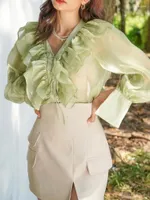 여자 블라우스 ICCLEK 2022 여름 Mujer Blusa 솔리드 흰색 패션 블라우스 더블 라펠 스위트 탑 슬림 허리 주름 셔츠 샤인